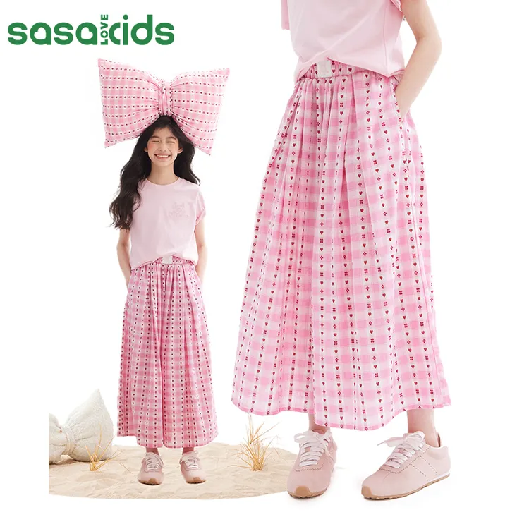 sasakids爱心格纹松紧腰宽松裙裤夏轻薄透气亲肤棉垂感阔腿裤大摆