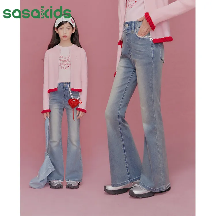 sasakids花边复古做旧感喇叭裤2024年新款牛仔裤中大童
