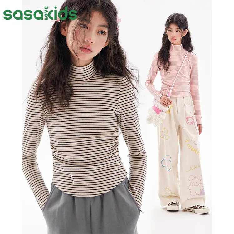 sasakids绒感小高领经典基础打底衫柔软保暖条纹内搭长袖T恤女童