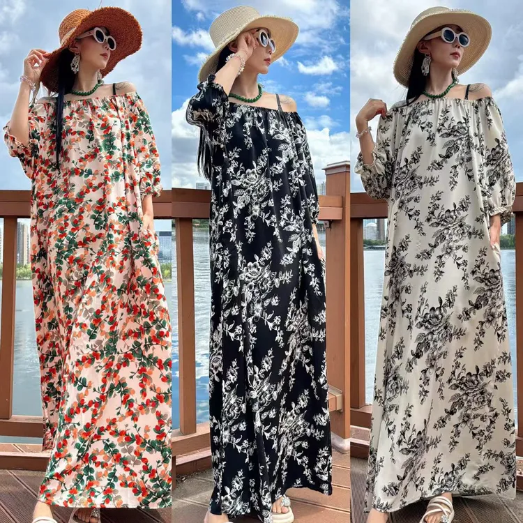 夏季气质遮肉显瘦一字肩可两穿黑色碎花单侧开叉长裙869