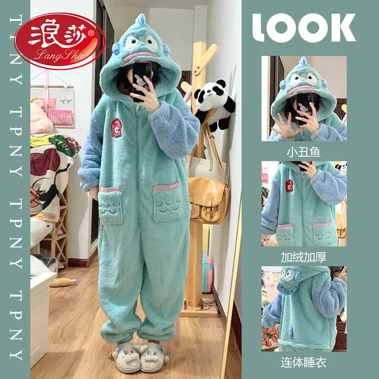 浪莎睡衣女秋冬季珊瑚绒2025新款加绒加厚连体睡袍卡通家居服套装