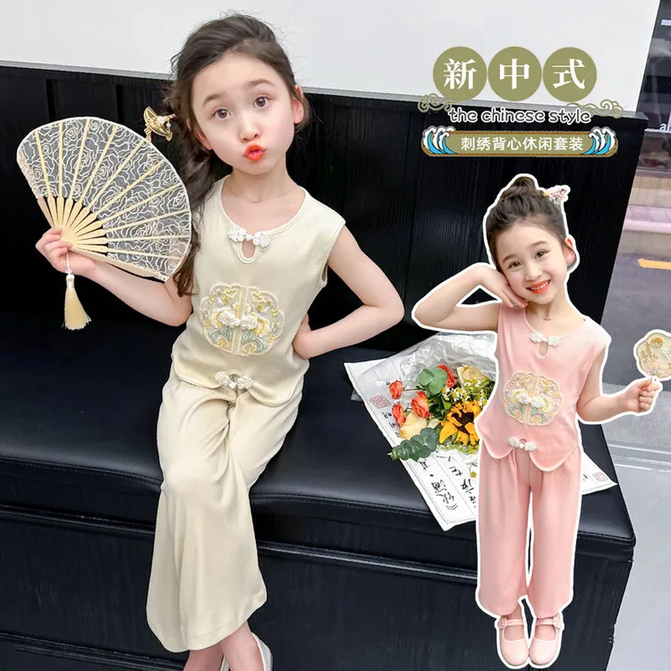 女童套装25新款中国风夏季刺绣短袖衫小女孩亲肤新中式中小童薄款