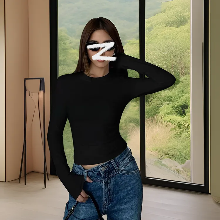 秋冬修身打底衫圆领t恤女2024正肩掐腰显瘦长袖上衣百搭小众时尚