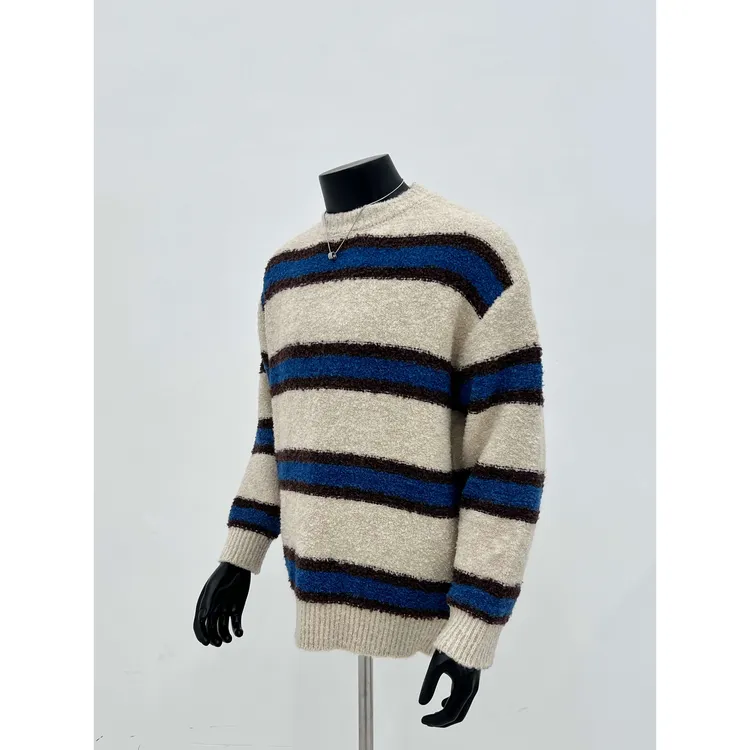 美式复古宽松慵懒撞色条纹情侣毛衣针织衫2024秋季新款卡其色黑色