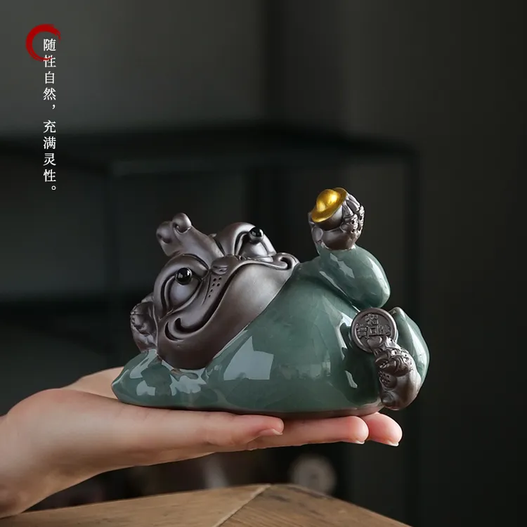 紫砂招米金蟾茶宠哥窑可养开片茶桌茶盘茶具小摆件茶玩装饰品盖置