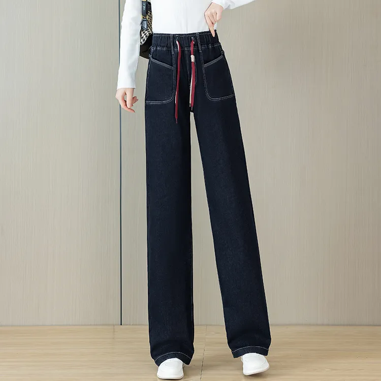 冬季加绒牛仔裤女松紧腰绑带高腰显瘦弹力保暖黑金蓝阔腿直筒裤子