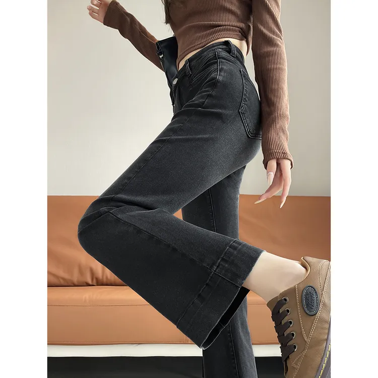 黑灰色微喇牛仔裤女春秋2024新款小个子高腰修身显瘦八九分喇叭裤