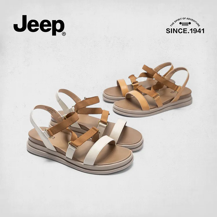 JEEP平底一字带百搭露趾女2024夏季森系时尚复古防滑厚底罗马凉鞋