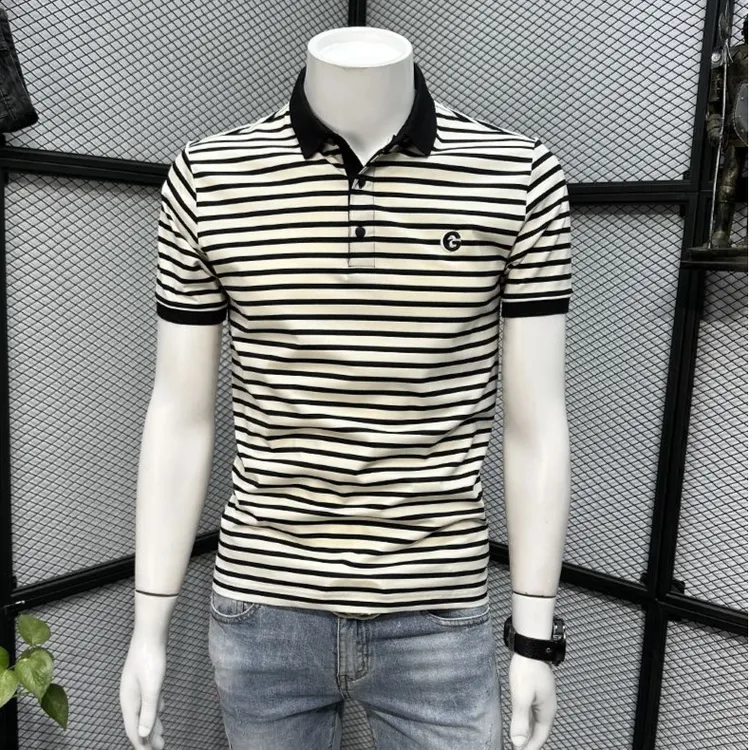 【精品】条纹POLO衫短袖t恤夏季纯色新款休闲圆领潮牌百搭修身体恤