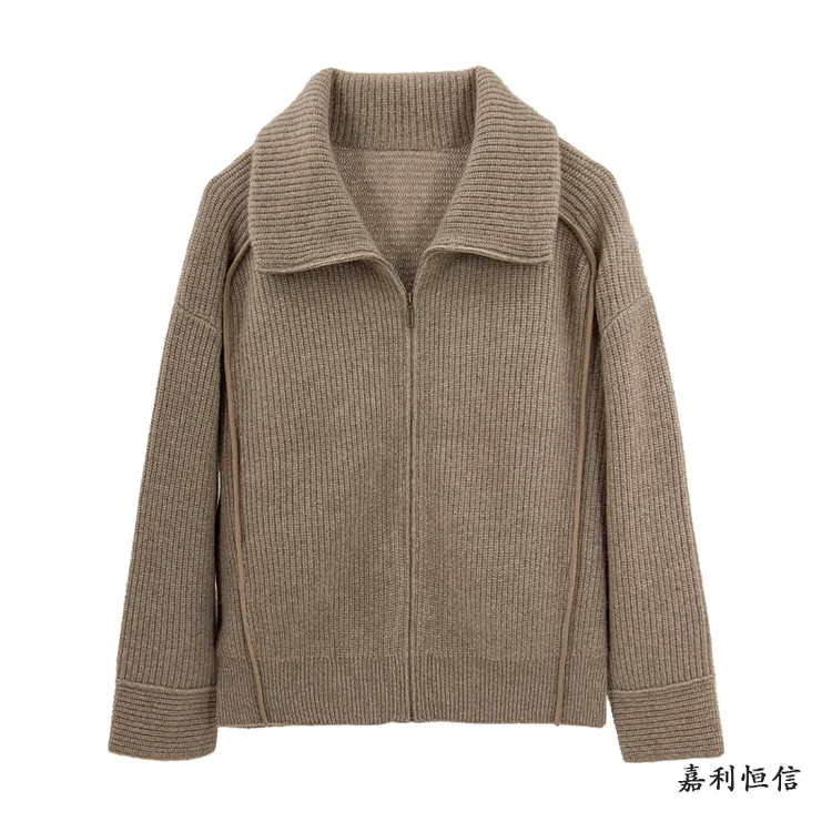 【匠心工艺】时尚洋气女式纯山羊绒加皮边拉链翻领开衫