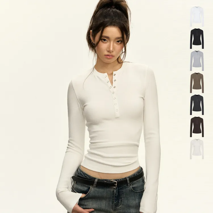 Ariseism 美式亨利领白色修身长袖T恤女早秋新款紧身上衣打底衫