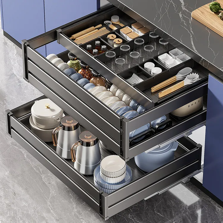 家特莱太空铝抽中抽双层厨房橱柜抽屉式拉篮碗碟架橱柜拉篮抽屉式