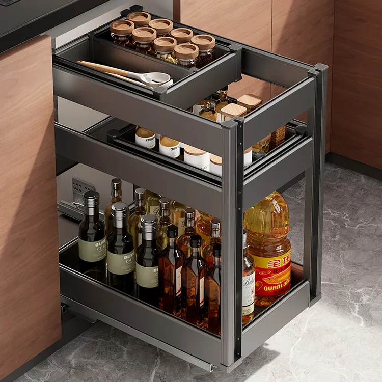 家特莱橱柜调味拉篮三层抽屉式多功能多层橱柜拉篮抽屉式太空铝