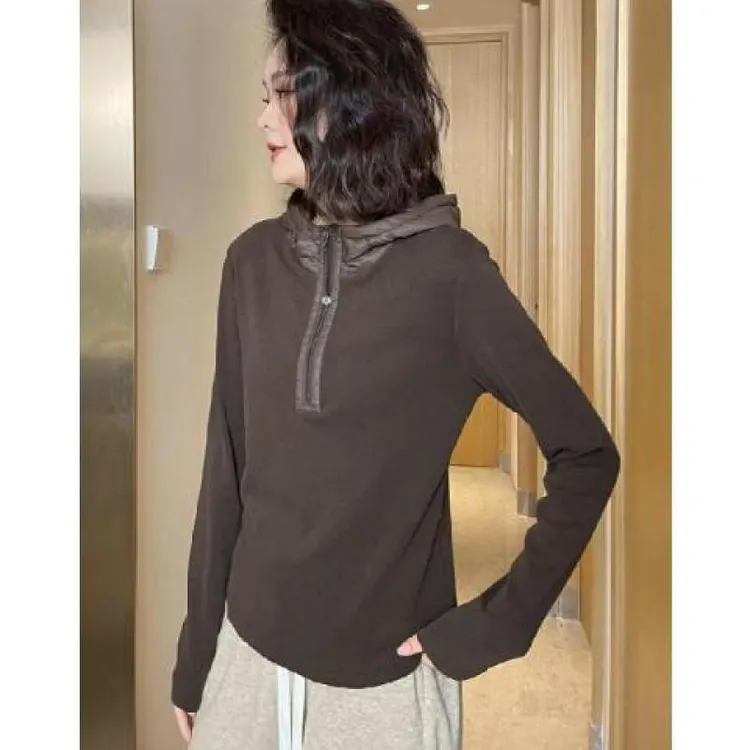 德绒拼接连帽卫衣女帽衫2024秋冬新款设计感显瘦百搭长袖打底上衣