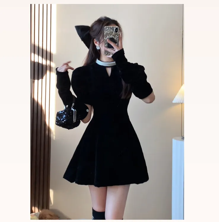 【运费补贴6米内】珠珠领镂空富家千金丝绒连衣裙名媛生日小黑裙