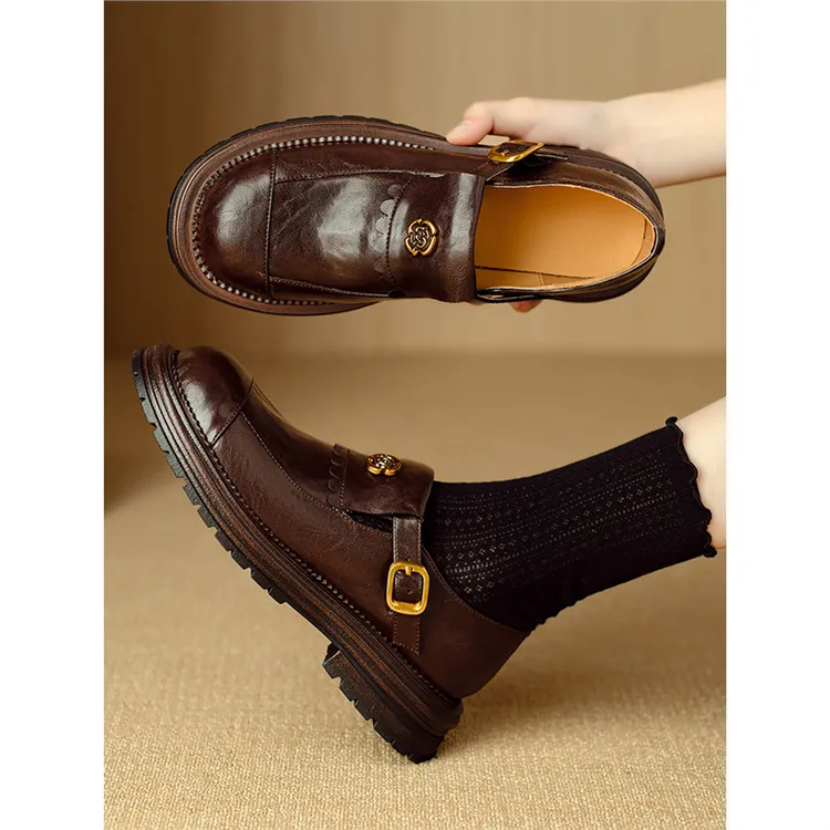 真皮复古山茶花厚底乐福鞋女加绒春秋英伦小皮鞋百搭乐福鞋马丁