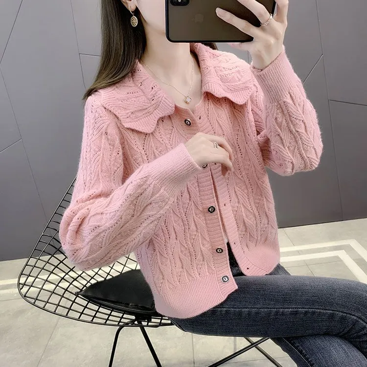 针织开衫女新款秋款女装爆款娃娃领毛衣外套女士薄款上衣时尚洋气