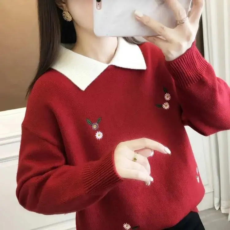 毛衣加厚2024新款娃娃领加厚外穿洋气针织衫女宽松显瘦上衣打底衫