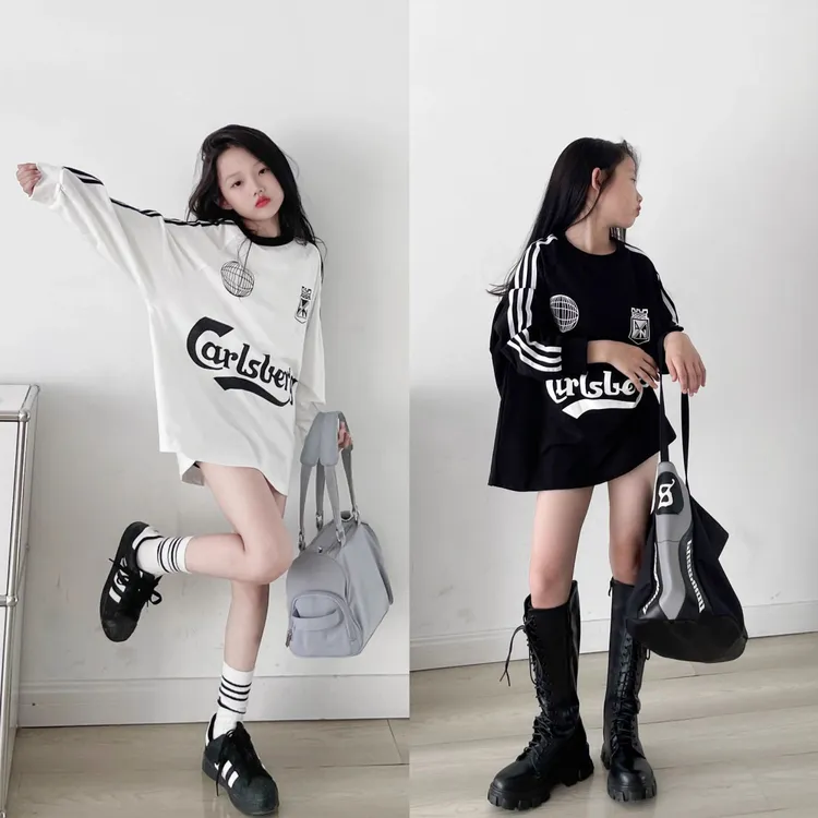 2025秋款新款女童儿童潮酷棉质宽松嘻哈T恤美式甜酷女孩长袖上衣