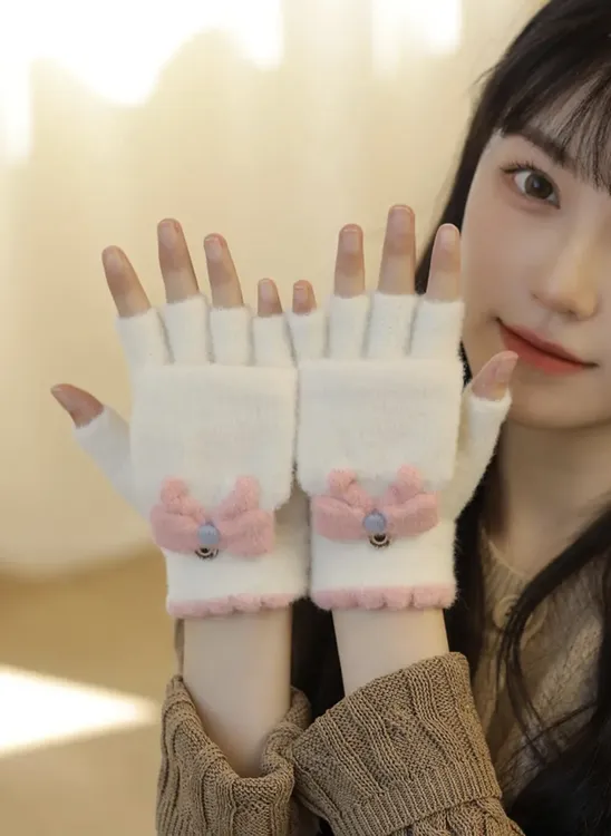 半指毛线手套女秋冬季可爱学生骑行漏指翻盖加厚保暖触屏防寒大童