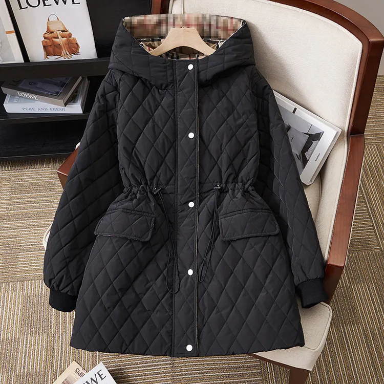 200斤大码女装菱形格收腰棉衣外套女胖mm防风连帽棉服加厚上衣冬