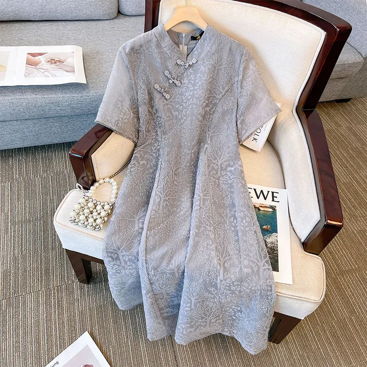 特大码胖mm新中式改良旗袍裙中长款气质连衣裙夏季200斤复古裙子