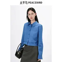 太平鸟克因蓝长袖衬衫时髦刺绣个性拼接下摆流光风A8CAE3182