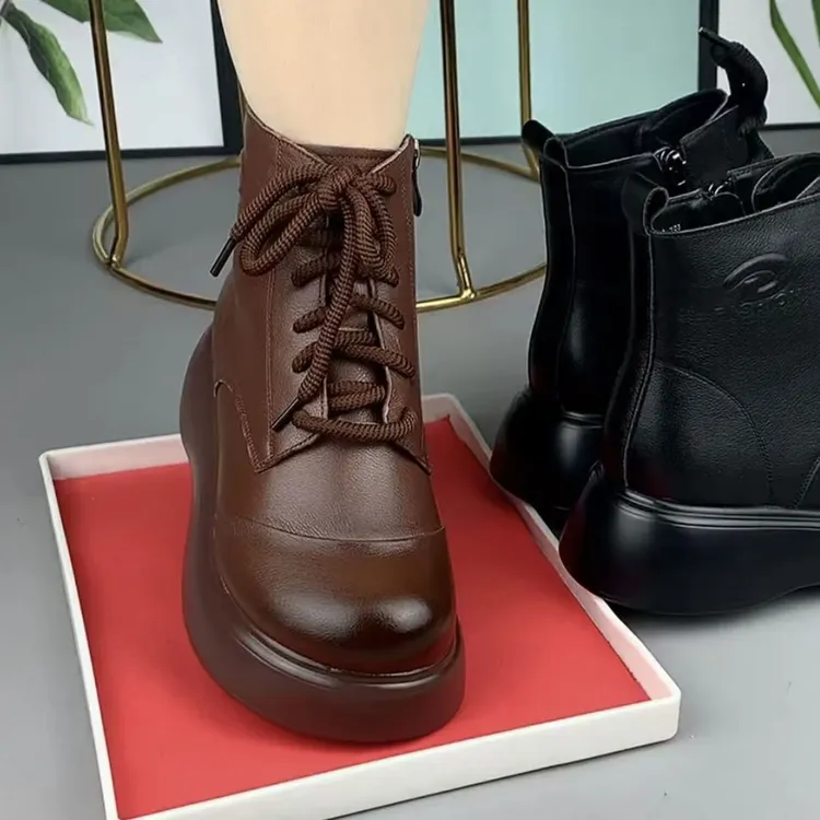 1182-1秋冬时尚松糕厚底真皮系带侧拉链马丁靴2024年百搭加厚短靴