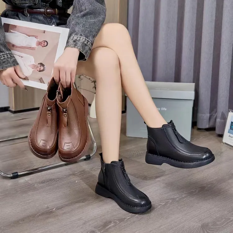 7995-1 真皮加绒保暖妈妈鞋棉鞋平底防滑中年女鞋中老年短靴冬季