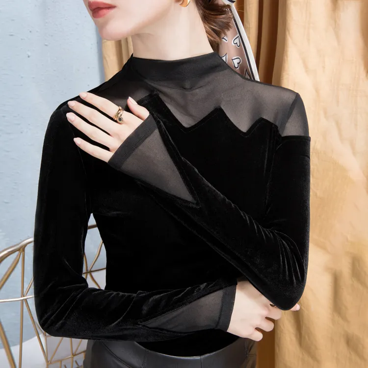 设计感丝绒拼接秋冬黑色网纱打底衫春款内搭洋气网红洋气炸街女装
