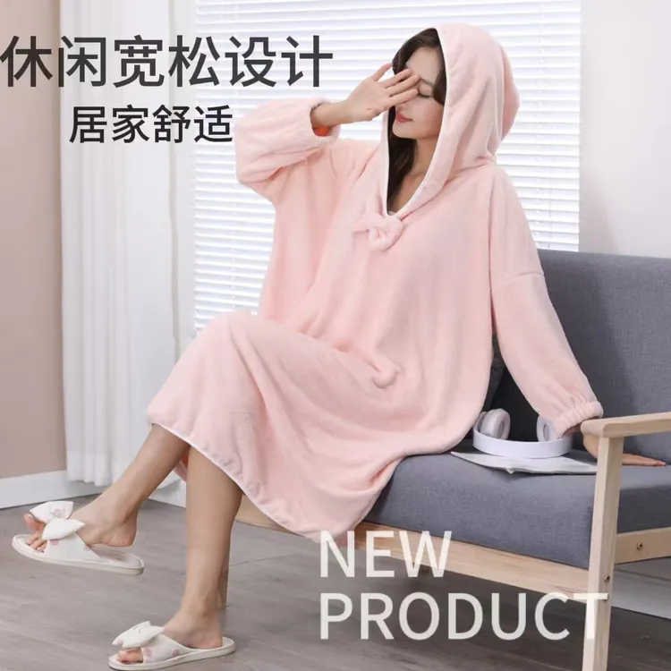 浴袍女家用可穿浴巾吸水柔软速干洗澡睡袍成人学生带帽可穿干发帽