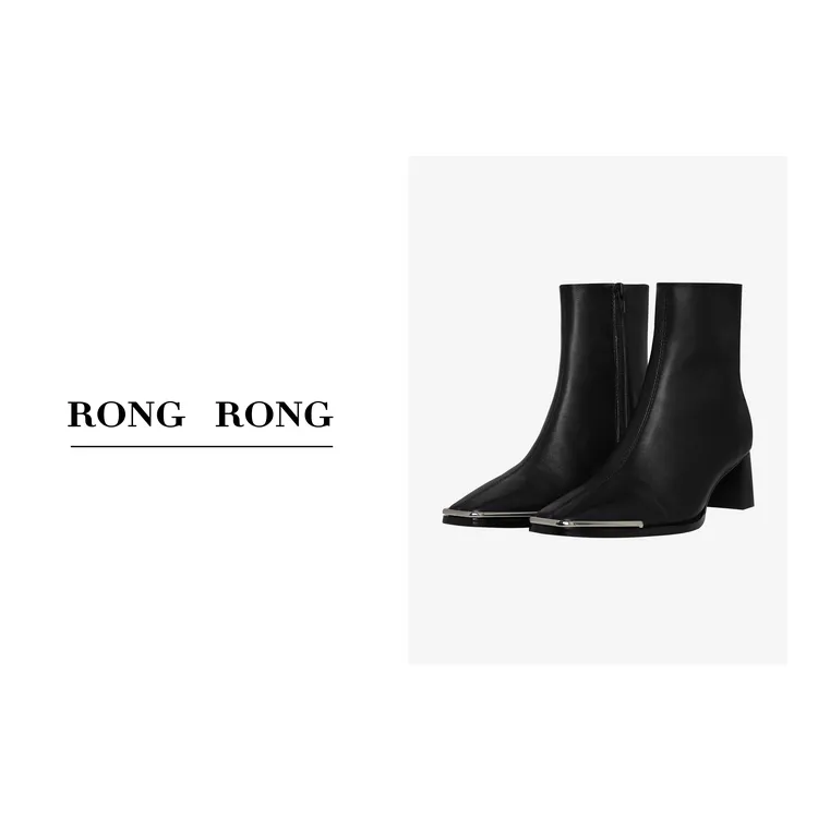 溶溶RONGRONG秋冬时尚羊皮粗跟短靴新款金属方头百搭气质靴4406-1