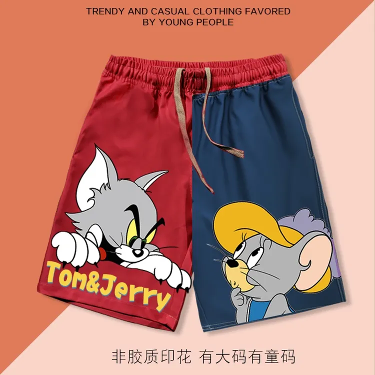 卡通猫和老鼠沙滩裤速干休闲短裤男大码男女夏宽松旅游印花五分裤