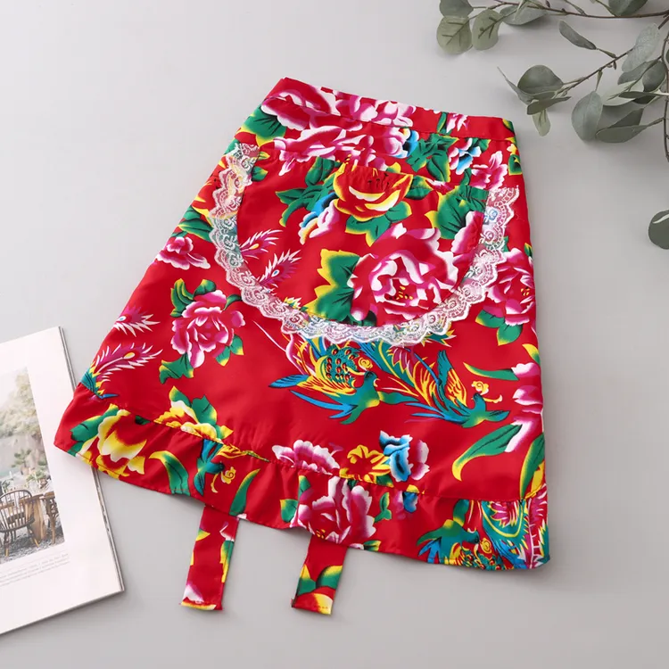 东北大花半身双层棉布围裙厨房家用夏季薄款餐厅烧烤摊半截围腰女