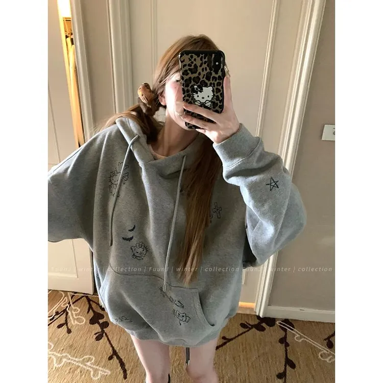 FuunJ 乖嗲kt喵灰色慵懒宽松连帽印花磨毛卫衣女oversize休闲外套