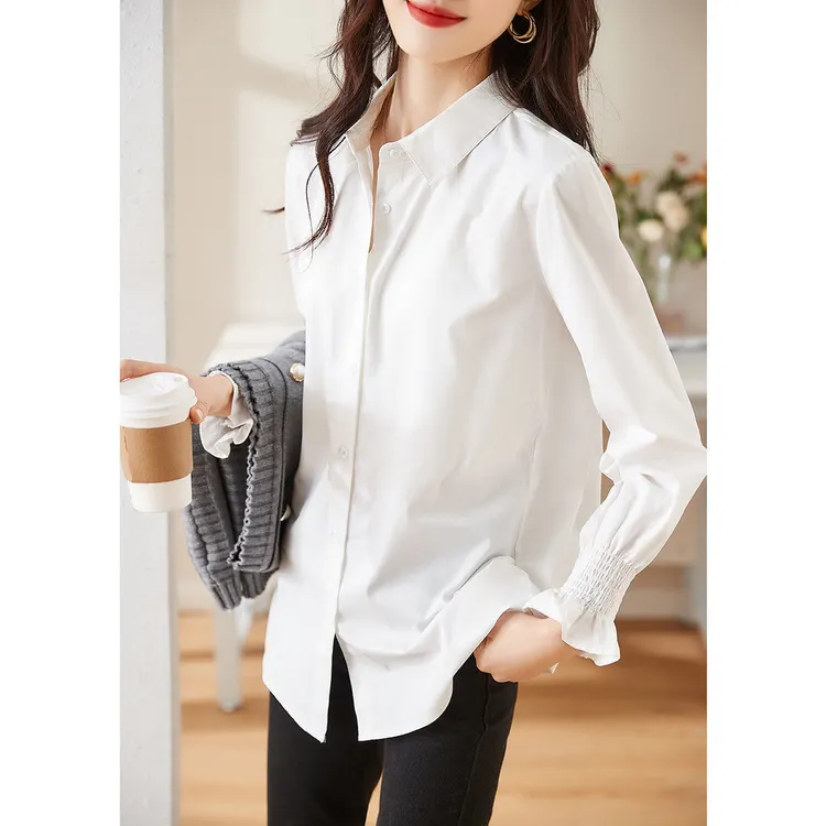 韩版衬衣女士衬衫春秋新款百搭纯色白色洋气休闲时尚宽松显瘦上衣