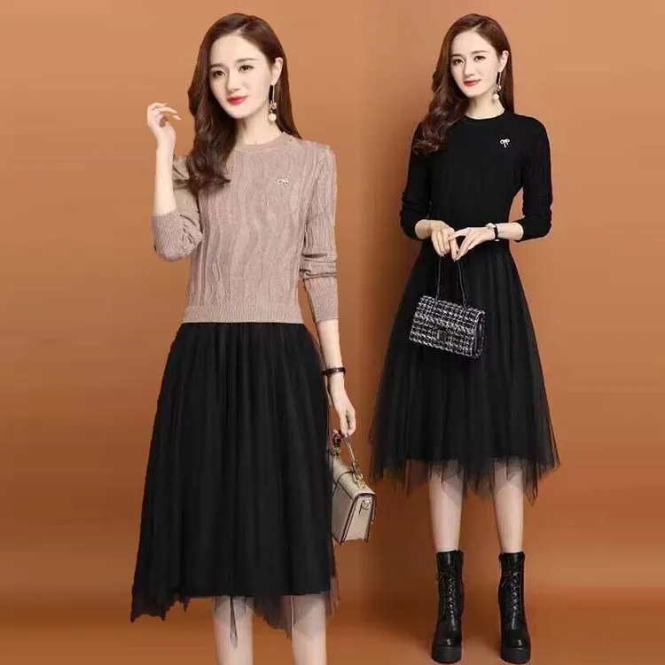 针织蕾丝连衣裙春秋韩版时尚大码时髦网纱假两件套装包臀毛衣裙潮