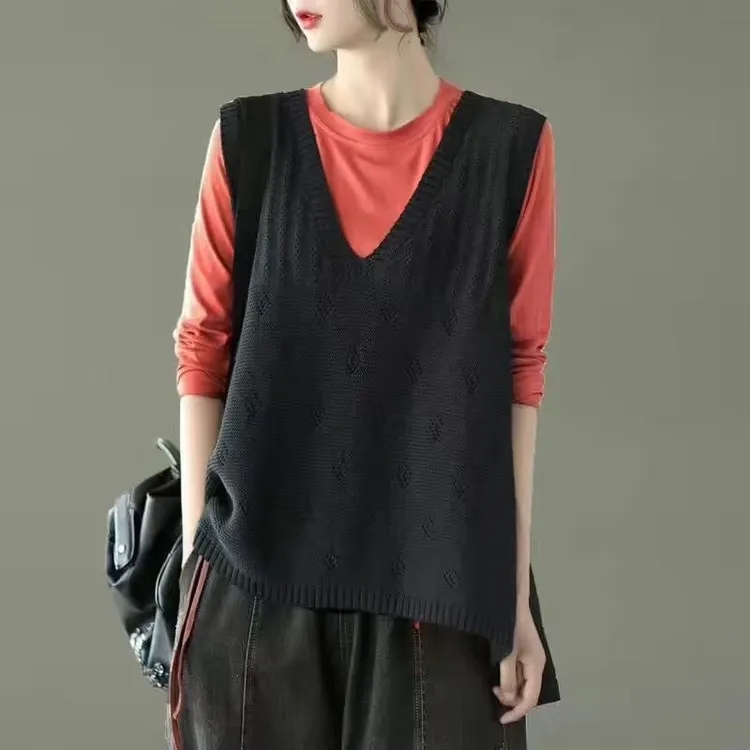 复古叠穿镂空前短后长马甲背心女款春秋大码毛衣坎肩毛线时尚款潮