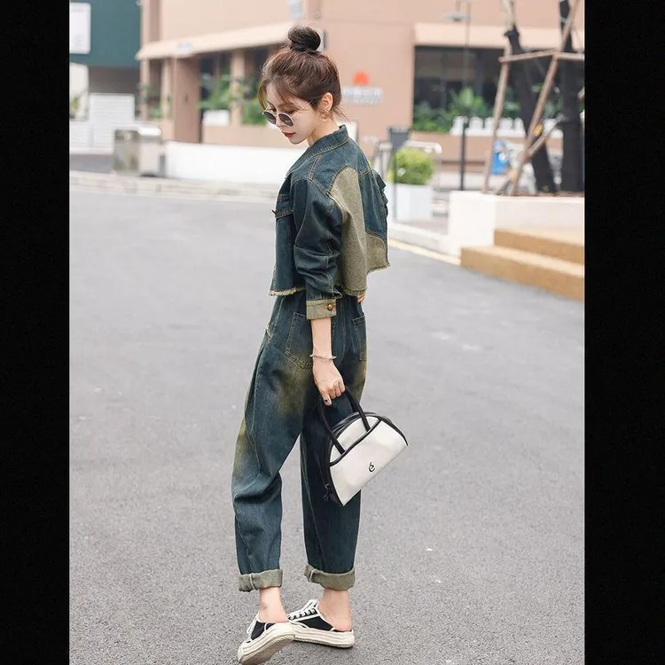 潮流复古工装牛仔套装裤2024年秋季新款欧货女时尚洋气流行两件套