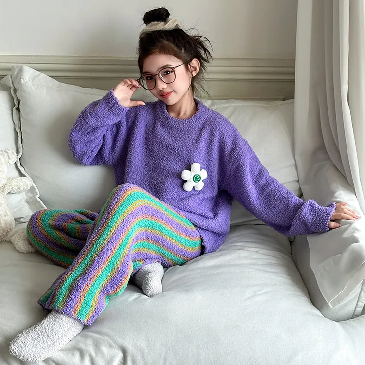 儿童睡衣2024新款秋冬女大童加厚半边绒套装女童冬季家居服可外穿