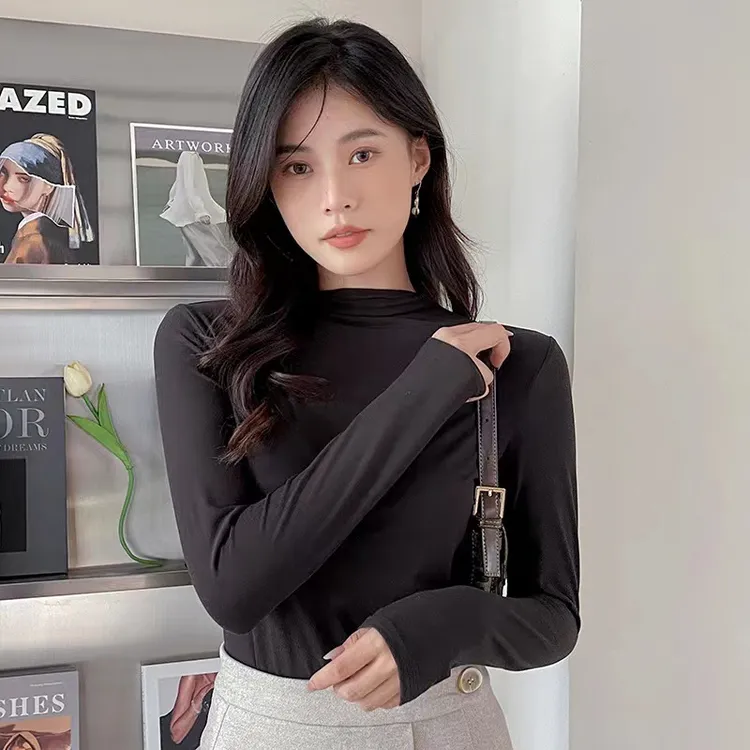 半高领打底衫长袖t恤女内搭显瘦2023新款秋冬季薄款黑色早秋上衣