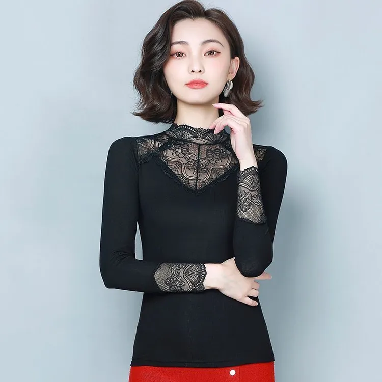 春秋新款莫代尔网纱性感加绒修身半高领保暖时尚长袖百搭洋气显瘦