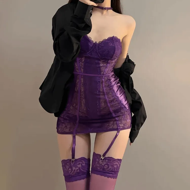 【美式辣妹】性感蕾丝缎面紫色包臀裙纯欲蕾丝小胸聚拢睡裙