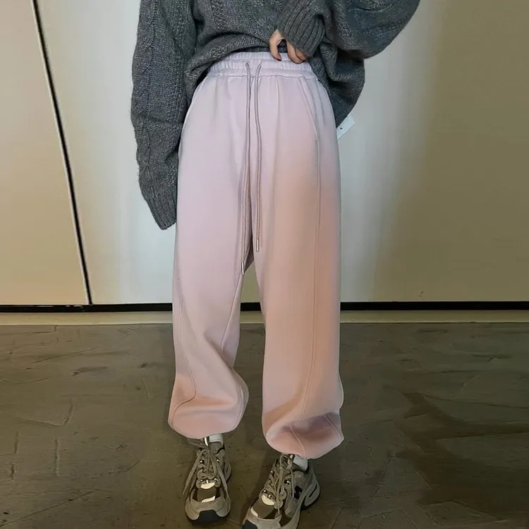 2025秋冬新款休闲粉色加绒卫裤女宽松百搭束脚裤显瘦爆款哈伦裤子