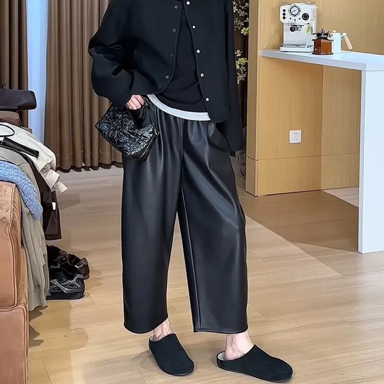 秋冬复古PU皮网红显瘦皮裤女休闲阔腿裤黑色九分裤百搭宽松裤子