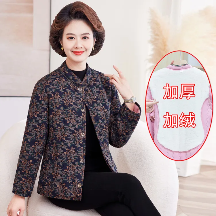 宽松型妈妈装冬季小棉衣中老年女装加厚加绒保暖外套老人印花棉袄