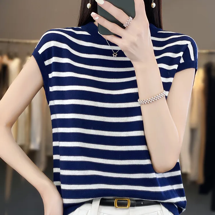 春夏新款精纺羊毛针织衫女条纹休闲气质短袖宽松圆领薄款打底上衣