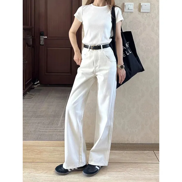 夏菱all white穿搭白色垂感牛仔裤女2025新款高腰裤子直筒裤