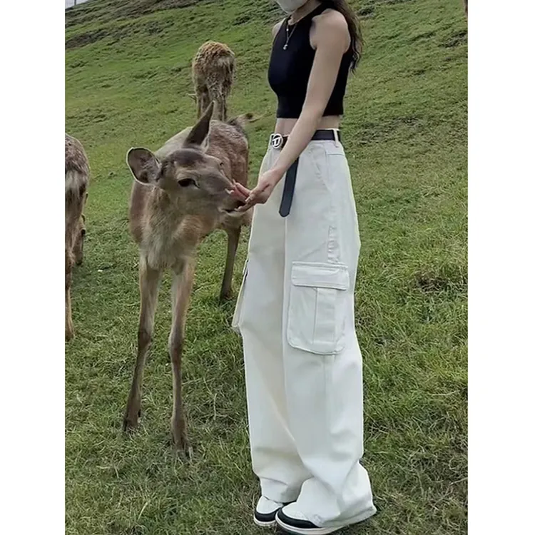 工装裤子女夏季新款直筒宽松小个子高腰美式工装阔腿牛仔裤女