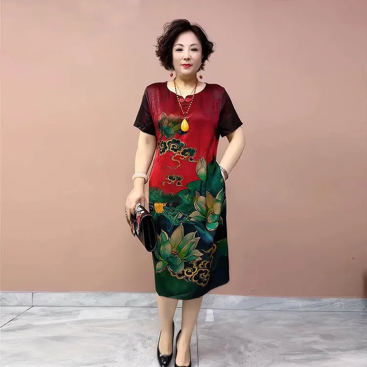 高档宽松中年妈妈连衣裙时尚减龄富婆旗袍裙夏季新款中老年裙子